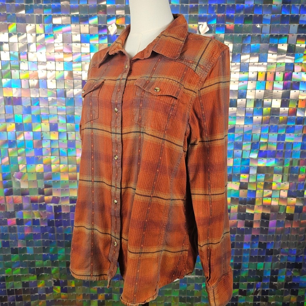 Bit & Bridle Western Plaid Snap Front Shirt Womens XL‎ Orange Brown Cotton Dobby